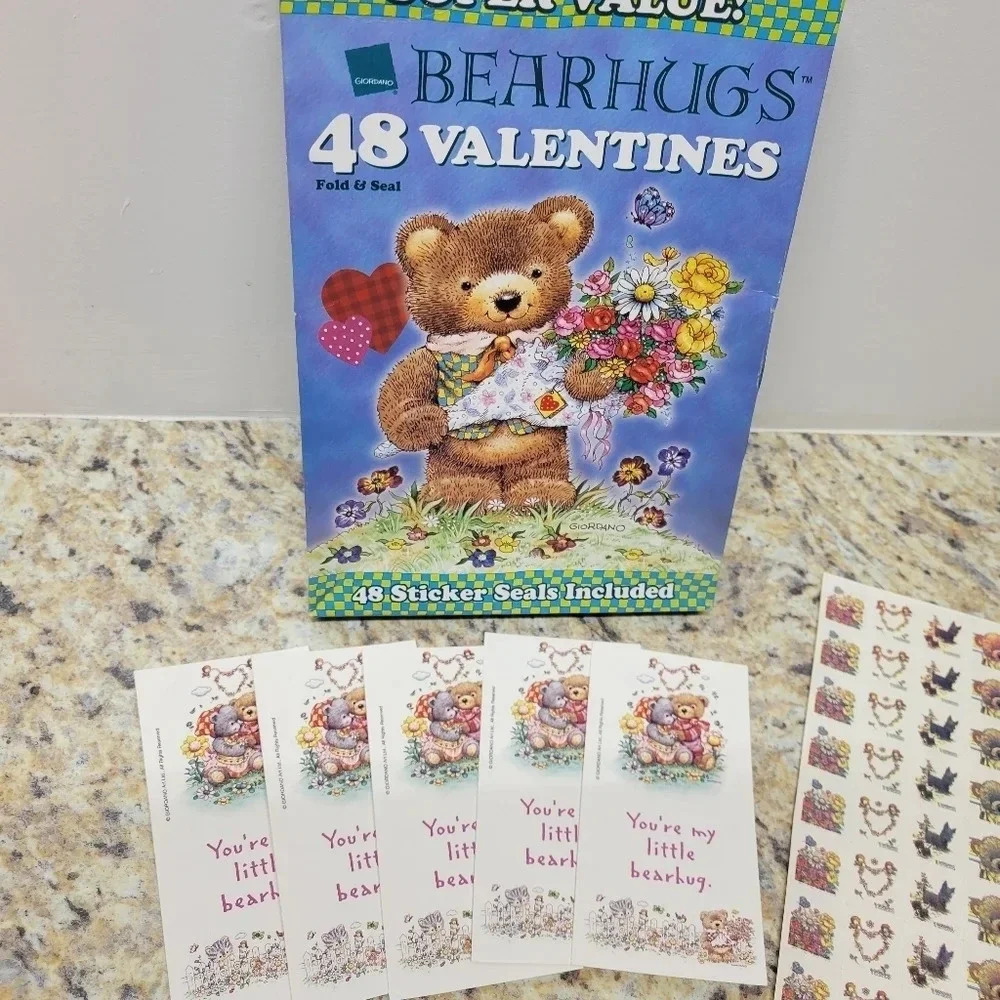 Vintage Bear Hugs 48 Fold & Seal Valentine's Day Cards Complete w/ Sticker Seals - Picture 8 of 8